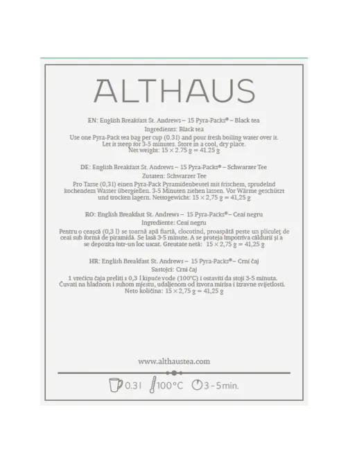 Чай пакетированный Althaus English Breakfast St. Andrews черный , 15x2.75г