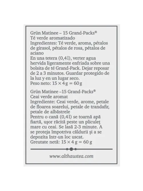 Чай пакетированный Althaus Grun Matinee Grand Pack зеленый, 15x4г