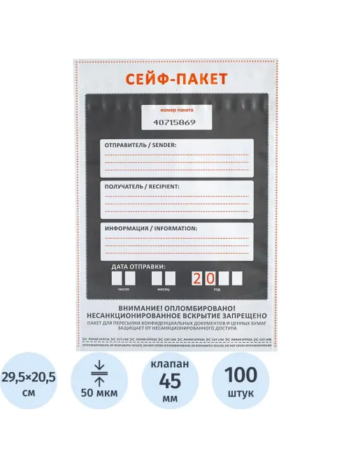 Сейф-пакет размер 205x295, 50 мкм, 100 шт/уп