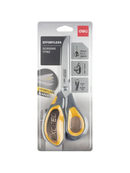 Ножницы Deli E77762 Yellow 210мм,прорезин.ручки желт-сер,лезвия сталь,блист