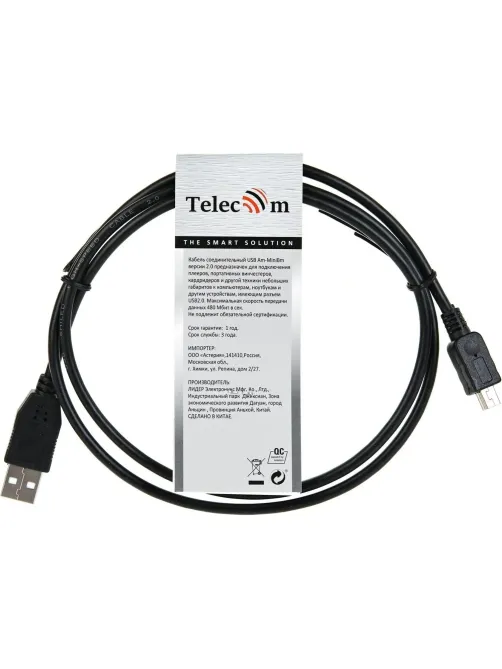 Кабель USB 2.0 A-->mini-B 5P (1м) черный, Telecom<TC6911BK-1.0M