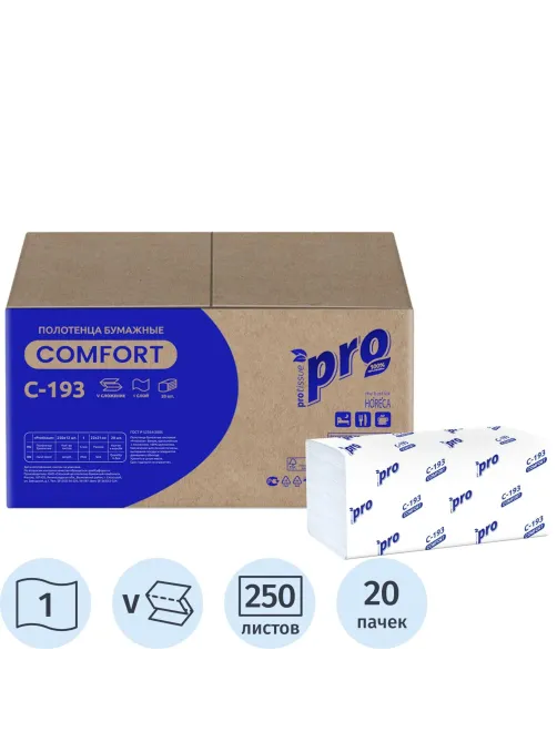Полотенца бумажные д/держ Protissue V-слож 1сл 250л/пач 20пач/кор_C193
