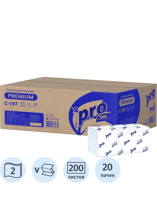 Полотенца бумажные д/держ Protissue V-слож 2сл 200л/пач 20пач/кор_C197