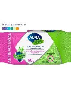Салфетки влажные AURA TROPIC COCKTAIL c антибак эффектом в ассорт 60шт/упак
