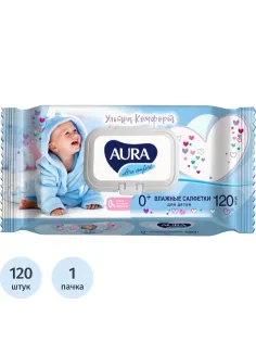 Салфетки влажные AURA для детей ULTRA COMFORT 120шт с крышкой 6474