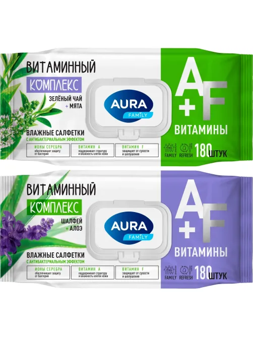 Салфетки влажные AURA FAMILY с антибактериальным эффектом с крышкой 180шт