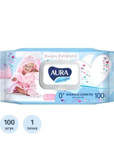 Салфетки влажные AURA для детей ULTRA COMFORT 100шт. с крышкой