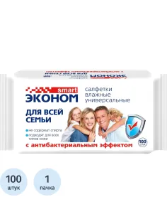 Салфетки влажные Эконом Smart №100 для всей семьи антибак эффект 100шт/уп