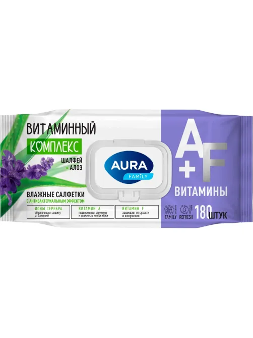 Салфетки влажные AURA FAMILY с антибактериальным эффектом с крышкой 180шт