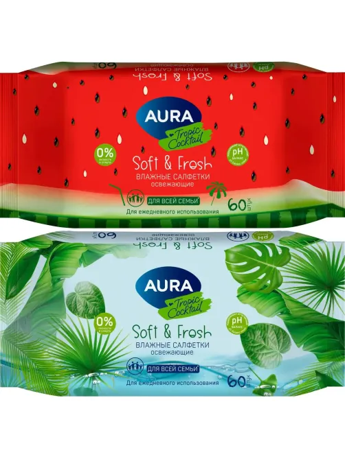 Салфетки влажные освежающие AURA TROPIC COCKTAIL в ассортименте 60шт