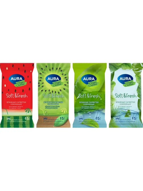 Салфетки влажные освежающие AURA TROPIC COCKTAIL  pocket-pack 15шт КК/110