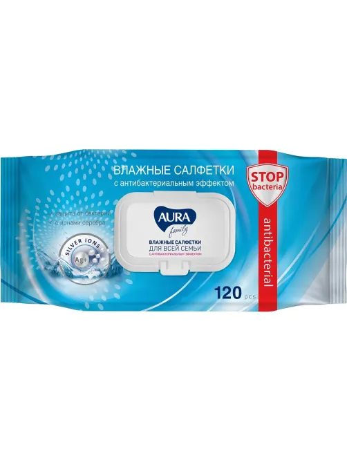 Салфетки влажные AURA антибак Family 120шт с крышкой