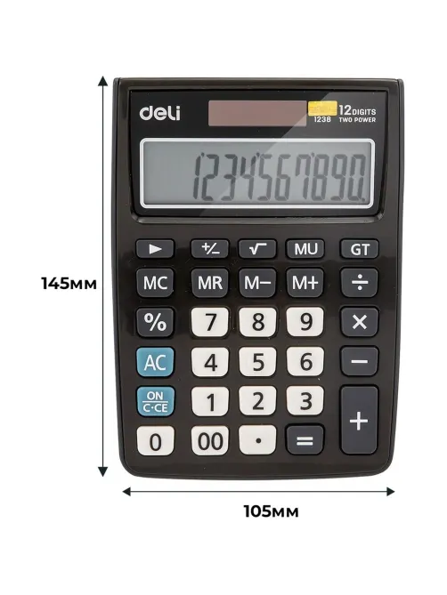 Калькулятор настольный КОМП. Deli E1238, 12-р, дв.пит., 145х105мм, серый