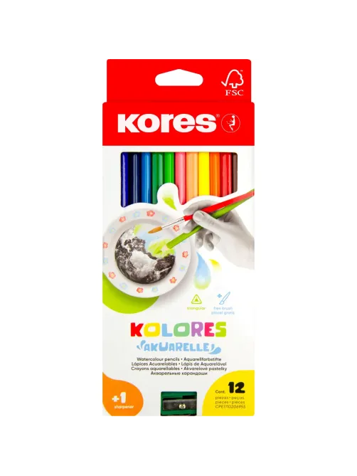 Карандаши акварельные цветные 12цв 3-гран,кисть,точилка Kores 93812