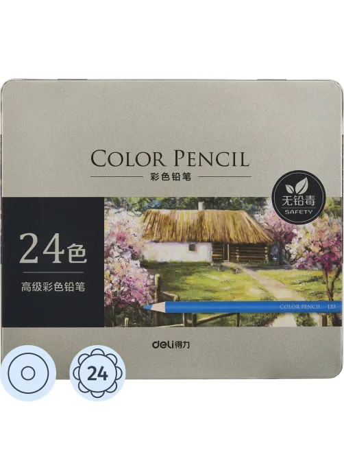 Карандаши цветные Deli липа 24 цв/наб мет.кор. 6565