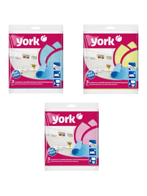 Салфетки хозяйственные YORK 34х35см вискоза перфор в ассорт 3шт/уп_020030