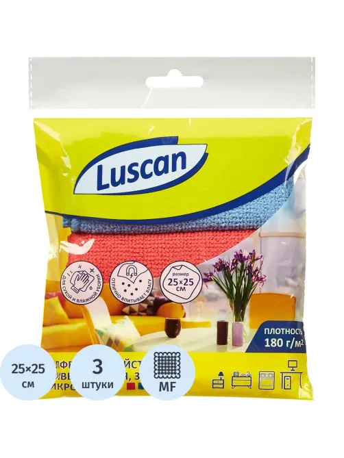 Салфетки хозяйственные Luscan микрофибра 180г 25х25см 3шт/уп син/крас/желт