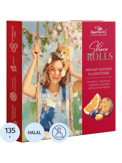 Конфеты Shoco Rolls грильяж в шок с арах, изюм, цукат апельс и мед, 135г