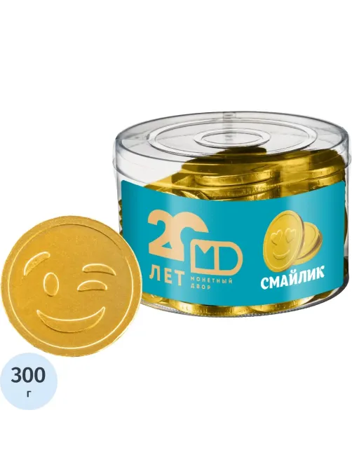 Конфеты шоколадная монета Смайлик 6гх50шт (300г) а банке  0026