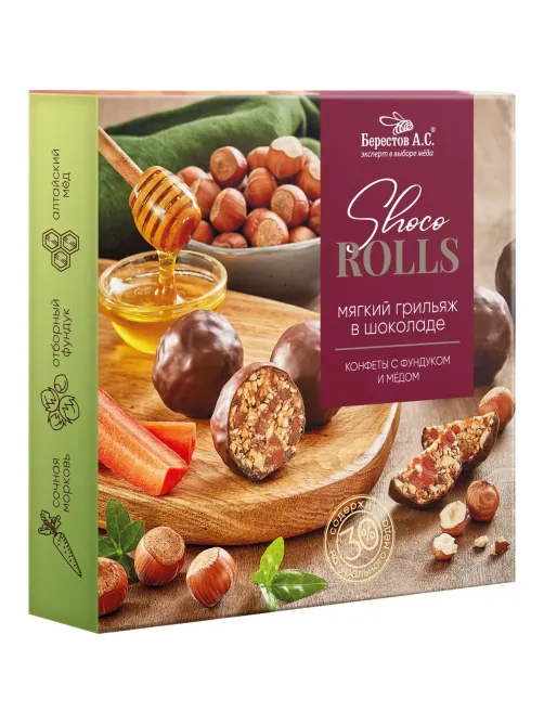 Конфеты Shoco Rolls грильяж в шок с фундук, цукатами моркови и медом, 135г