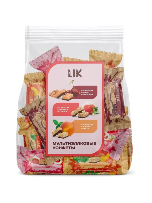 Конфеты мультизлаковые LIK ас в глазур (клуб/слив, виш/минд, перс/мят),250г