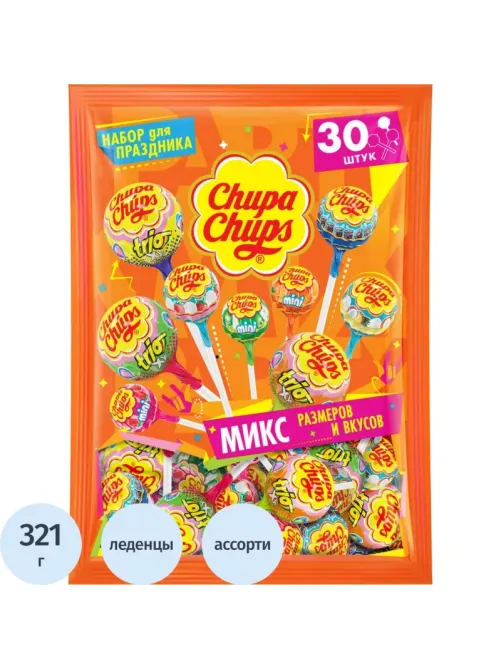 Карамель Chupa Chups PARTY PACK ассорти микс размеров и вкусов, пакет 321г
