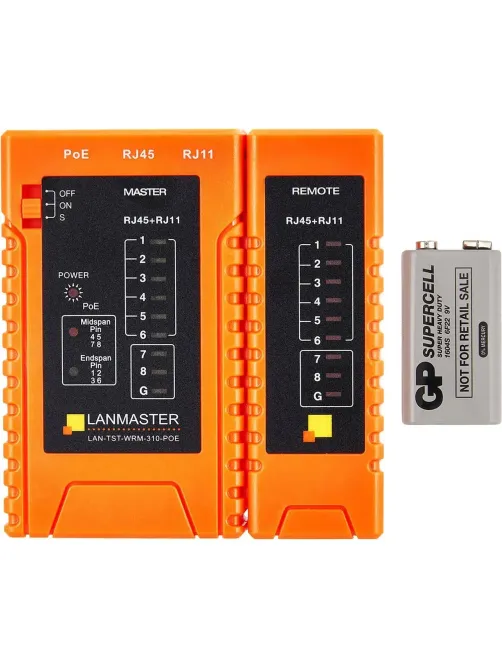 Тестер витой пары LANMASTER LAN-TST-WRM-310-POE с индикаторами, опред. POE