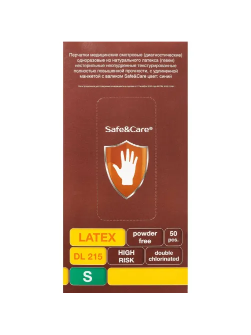 Перчатки мед.смотров. латекс., н/с, н/о, S&C HighRisk DL215(S)25пар/уп,ПС