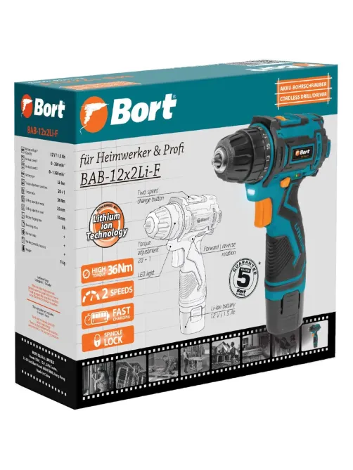 Дрель-шуруповерт аккумуляторная BORT BAB-12x2Li-F
