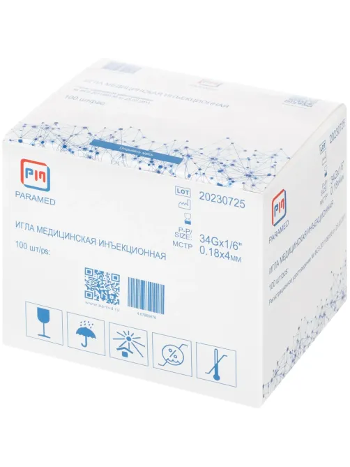 Игла инъекционная (для мезотерапии) 34G (0,18x4мм) Paramed 100 шт/уп