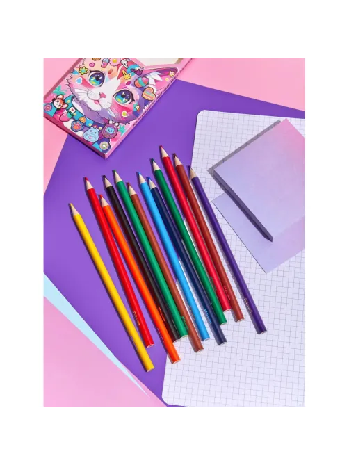 Карандаши цветные Комус Класс Kitty stickers 12 цв, 3мм, трехгранные, дер