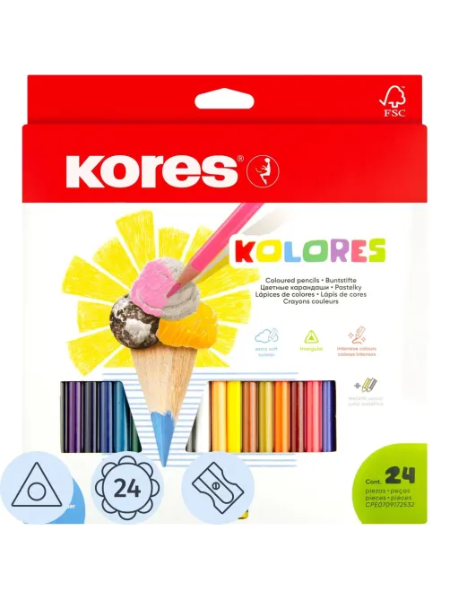 Карандаши цветные 24цв 3-гран,точилка Kores 93324.01