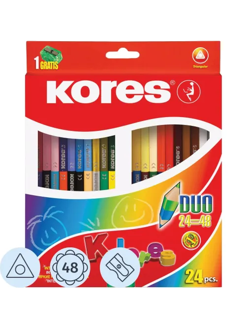 Карандаши цветные 48цв 24шт 3-гран,двустор с точилкой Kores 93224.