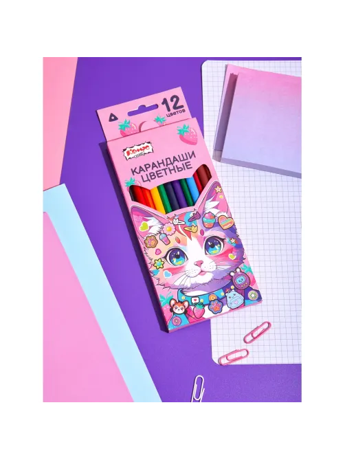 Карандаши цветные Комус Класс Kitty stickers 12 цв, 3мм, трехгранные, дер