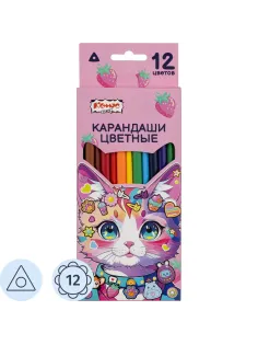 Карандаши цветные Комус Класс Kitty stickers 12 цв, 3мм, трехгранные, дер
