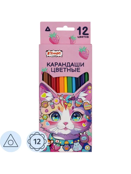 Карандаши цветные Комус Класс Kitty stickers 12 цв, 3мм, трехгранные, дер