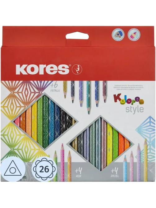 Карандаши цветные 26 цв. 3-гран, Kores Kolores Style, 93320