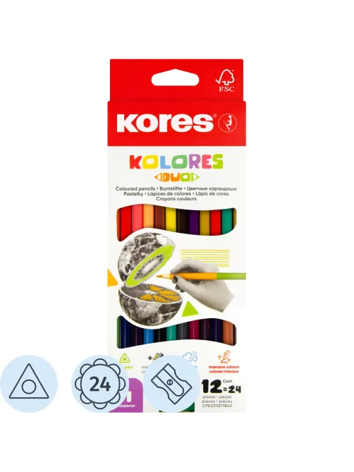 Карандаши цветные 24цв 12шт 3-гран,двустор с точилкой Kores 93212.