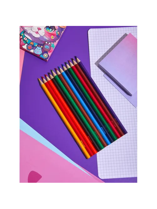 Карандаши цветные Комус Класс Kitty stickers 12 цв, 3мм, трехгранные, дер