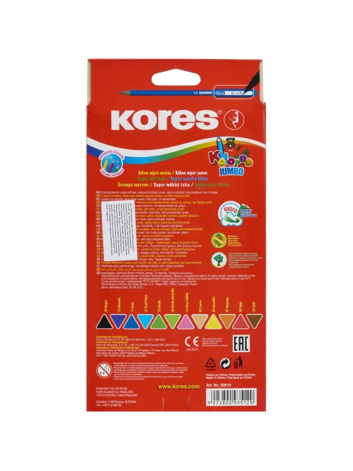 Карандаши цветные 12цв 3-гран,точилка Kores Jumbo 93512.01