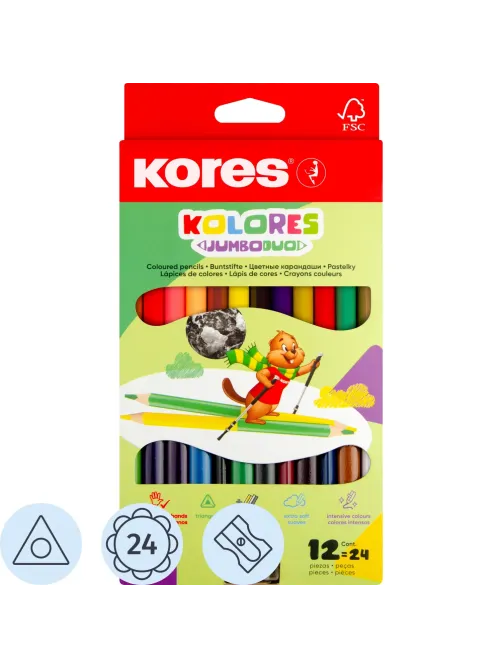 Карандаши цветные двойные 24 цв.,12 шт Kores DUO Jumbo, трехгр,5 мм,93252