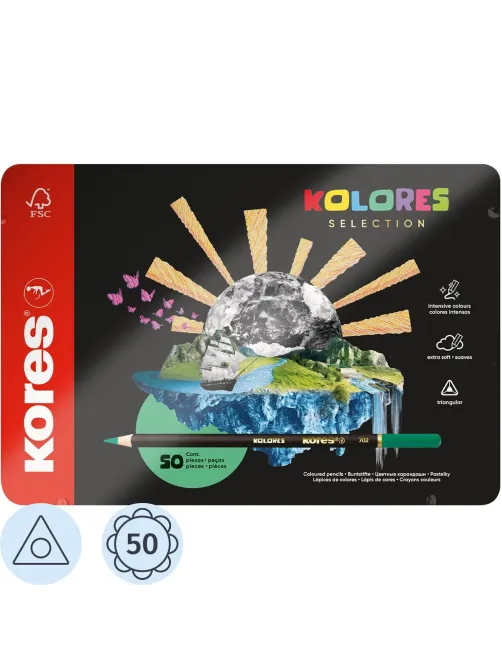 Карандаши цветные Kores Kolores 3-гран 3мм 50 цв/наб в металл.коробке 93351