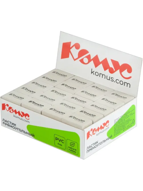 Ластик прямоугольный Комус, натуральный каучук, 26x18x8мм, белый