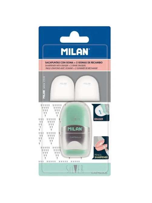Ластик-точилка Milan CAPSULE SILVER+2 зап.ластика, цв в асс, блистBYM10356