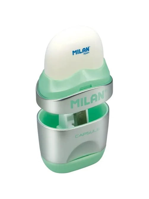 Ластик-точилка Milan CAPSULE SILVER+2 зап.ластика, цв в асс, блистBYM10356
