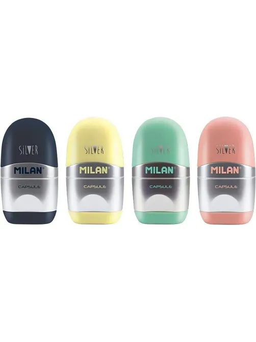Ластик-точилка Milan CAPSULE SILVER+2 зап.ластика, цв в асс, блистBYM10356