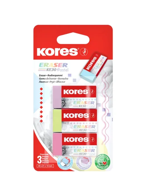 Ластик Kores 40x21x10мм 3 шт/уп, пастельный KE-30, блистер 40315