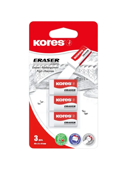 Ластик Kores,40x21x10mm,блистер,3шт,KE-30