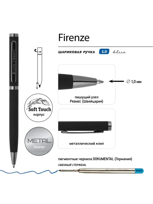 Ручка шариковая BV FIRENZE 1мм син кор черн,тубус прямоуг черный 20-0298/03