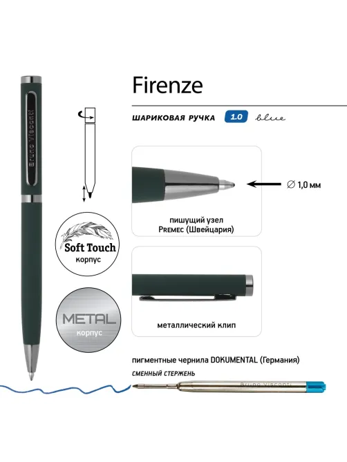 Ручка шариковая BV FIRENZE 1мм син кор зелен,тубус прямоуг черн 20-0300/03